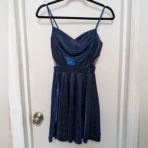 Windsor Blue Metallic Skater Mini Dress XS Juniors Flirty Y2K Sparkly Party